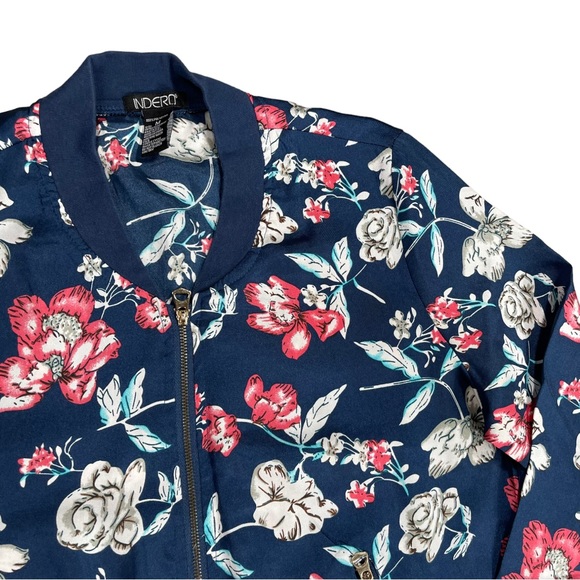 Indera size medium blue floral silky bomber jacket zip pockets thin material EUC - Picture 5 of 12
